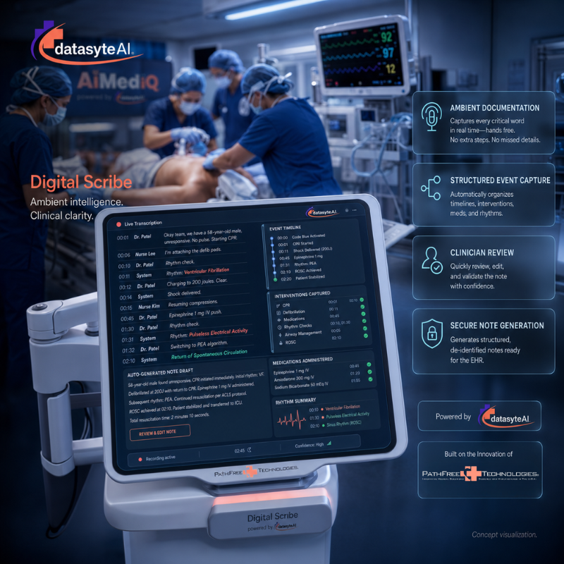 AiMediQ™ Digital Scribe interface showing live transcription, event timeline, and structured clinical documentation