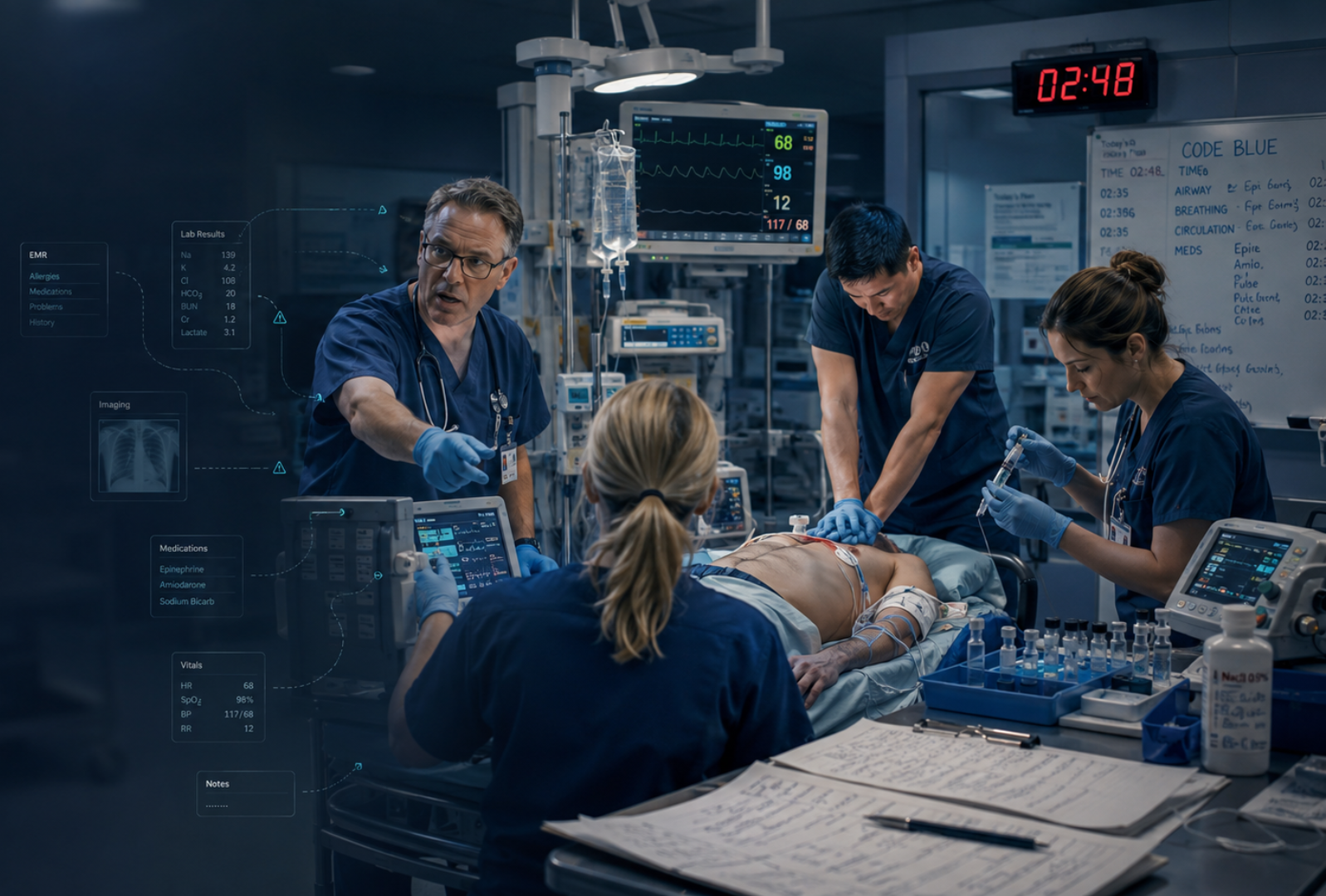 AiMediQ™ clinical decision-support scene during a Code Blue event with datasyteAI™ integration